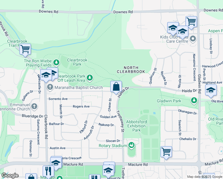 map of restaurants, bars, coffee shops, grocery stores, and more near 32345 Clinton Avenue in Abbotsford