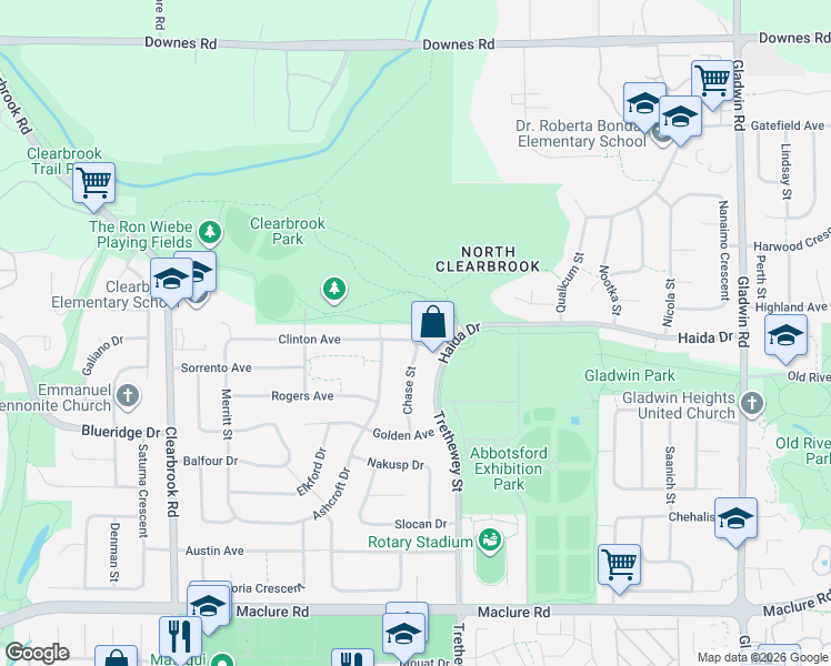map of restaurants, bars, coffee shops, grocery stores, and more near 32345 Clinton Avenue in Abbotsford