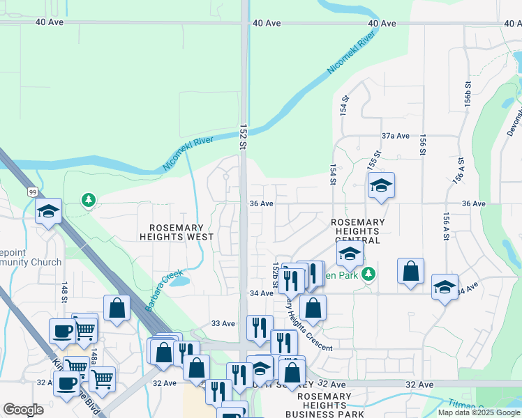 map of restaurants, bars, coffee shops, grocery stores, and more near 15236 36 Avenue in Surrey