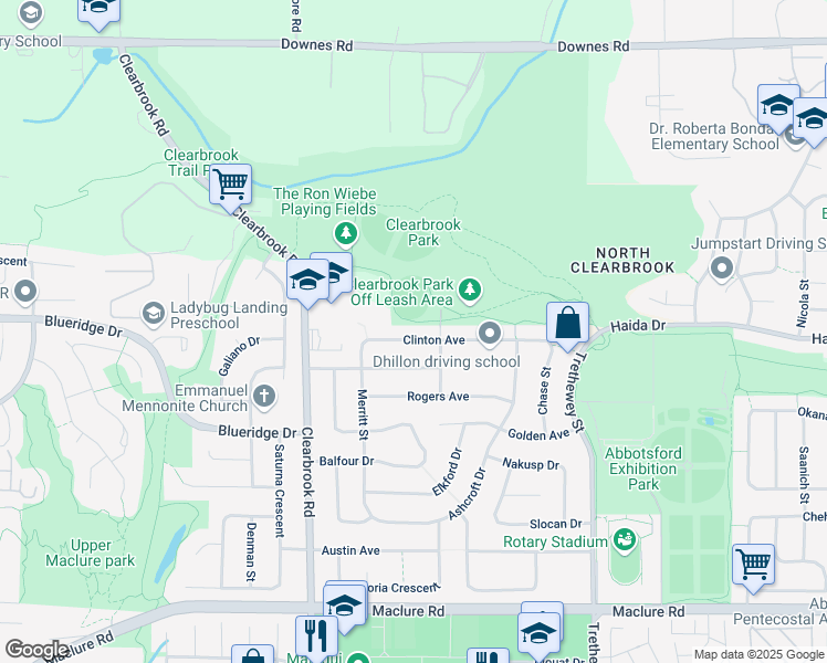 map of restaurants, bars, coffee shops, grocery stores, and more near 32155 Clinton Avenue in Abbotsford