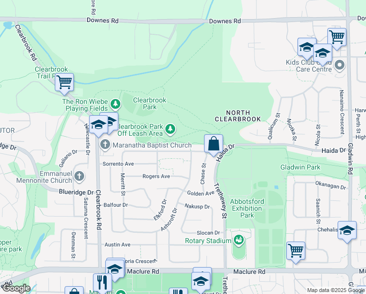 map of restaurants, bars, coffee shops, grocery stores, and more near 32275 Clinton Avenue in Abbotsford