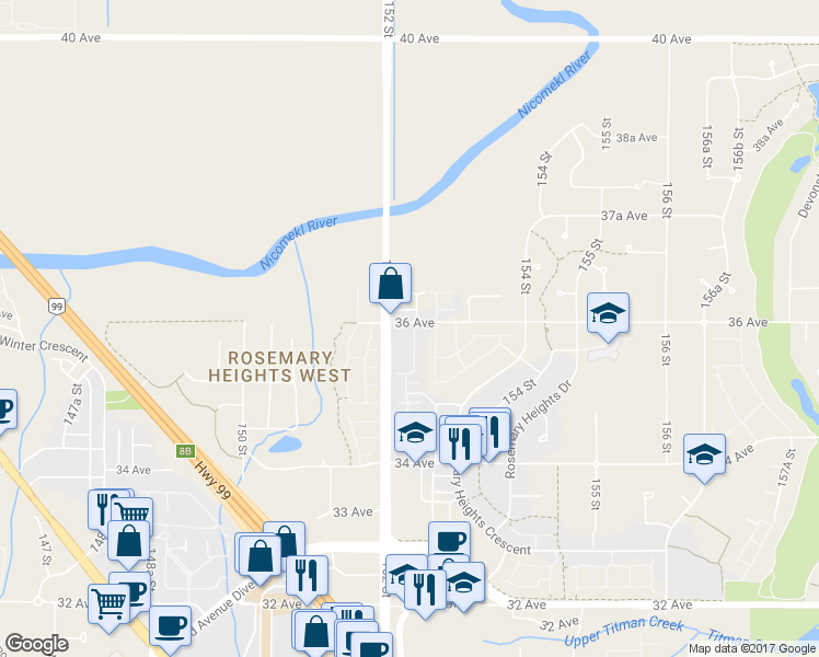 map of restaurants, bars, coffee shops, grocery stores, and more near 3556-3566 152 Street in Surrey