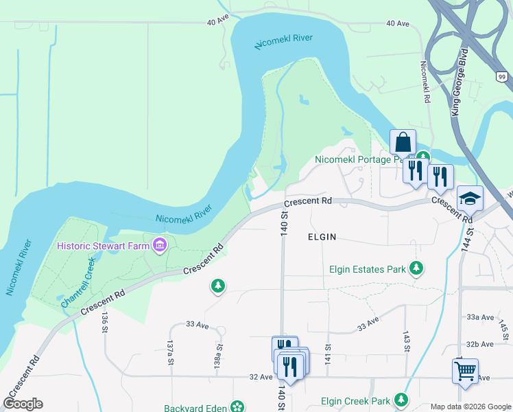 map of restaurants, bars, coffee shops, grocery stores, and more near 13941 Crescent Road in Surrey