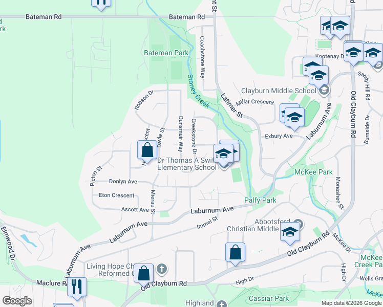 map of restaurants, bars, coffee shops, grocery stores, and more near 3597 Creekstone Drive in Abbotsford