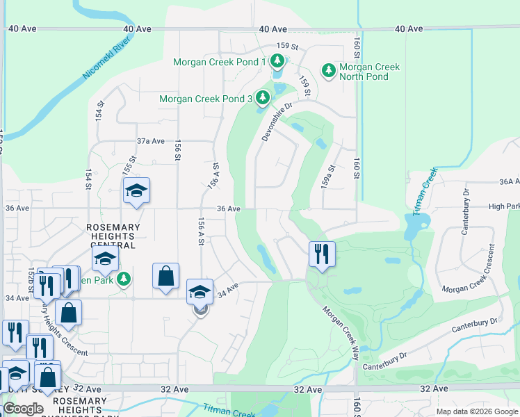 map of restaurants, bars, coffee shops, grocery stores, and more near in Surrey