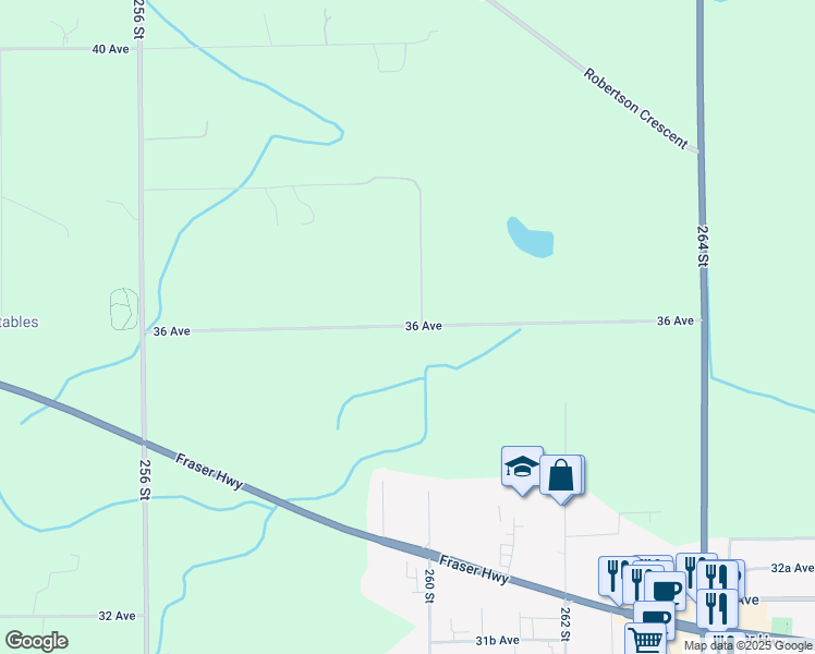 map of restaurants, bars, coffee shops, grocery stores, and more near 26070 36 Avenue in Langley