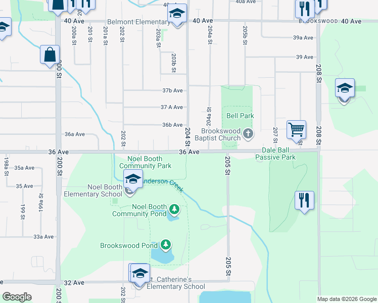 map of restaurants, bars, coffee shops, grocery stores, and more near 20450 36 Avenue in Langley City