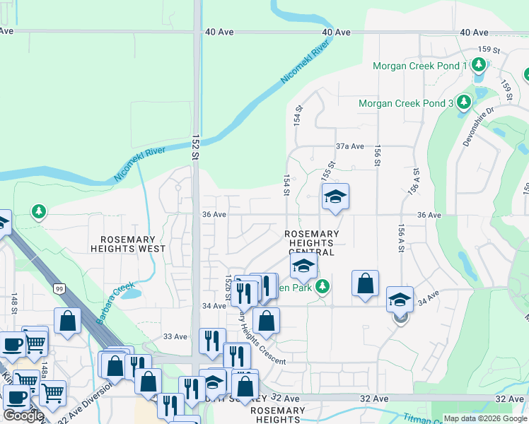 map of restaurants, bars, coffee shops, grocery stores, and more near in Surrey