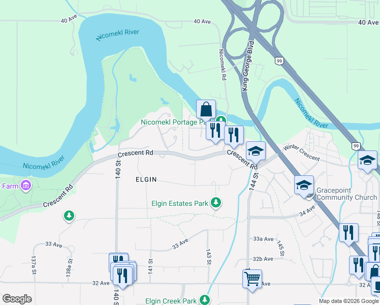 map of restaurants, bars, coffee shops, grocery stores, and more near 14208 36A Avenue in Surrey