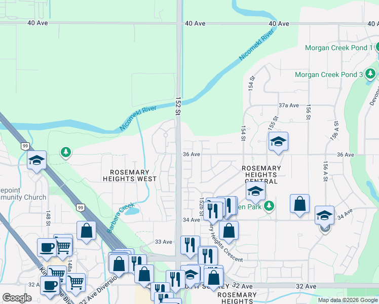 map of restaurants, bars, coffee shops, grocery stores, and more near in Surrey