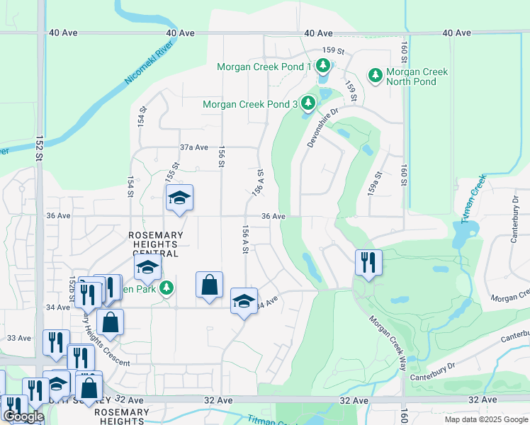 map of restaurants, bars, coffee shops, grocery stores, and more near 15675 36 Avenue in Surrey