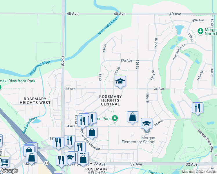 map of restaurants, bars, coffee shops, grocery stores, and more near 54 36 Avenue in Surrey