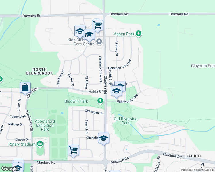map of restaurants, bars, coffee shops, grocery stores, and more near 32810 Highland Avenue in Abbotsford