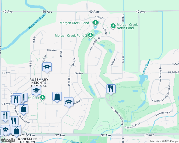 map of restaurants, bars, coffee shops, grocery stores, and more near 3610 Devonshire Drive in Surrey