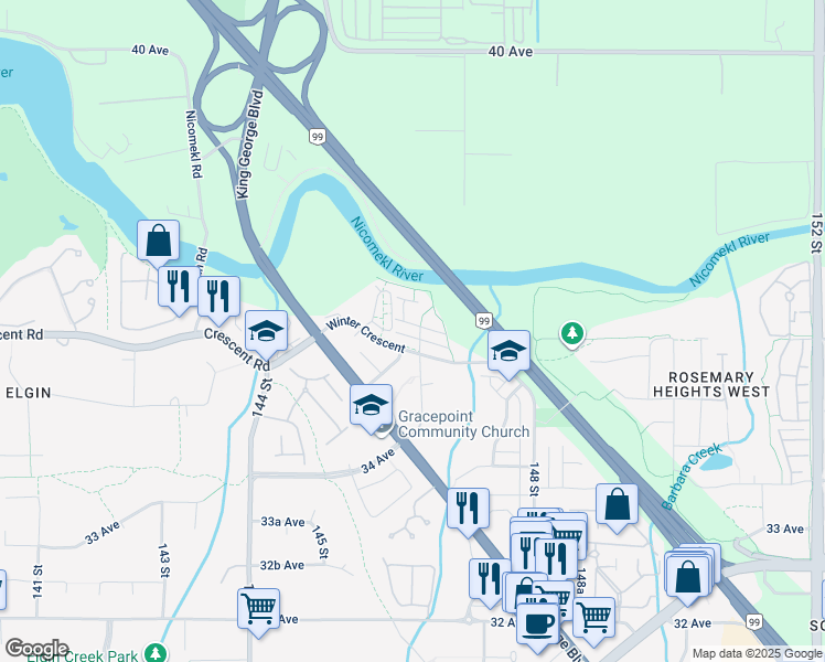 map of restaurants, bars, coffee shops, grocery stores, and more near 14636 36A Avenue in Surrey