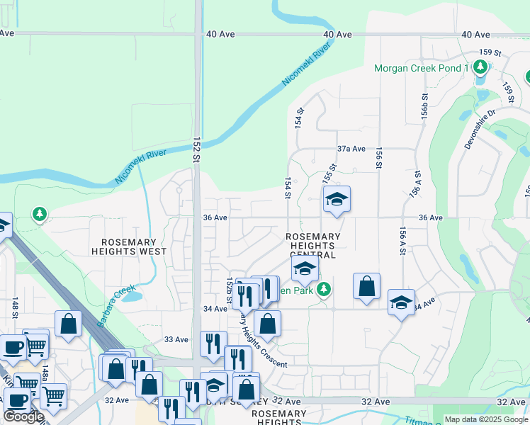 map of restaurants, bars, coffee shops, grocery stores, and more near 15345 36 Avenue in Surrey