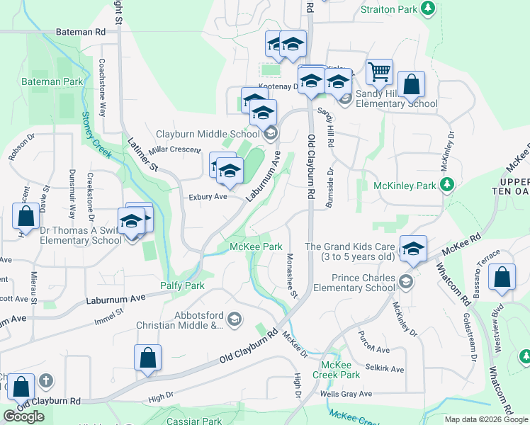 map of restaurants, bars, coffee shops, grocery stores, and more near 3632 Bulkley Street in Abbotsford