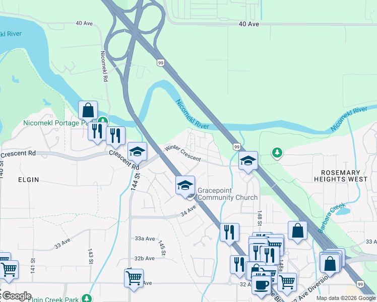 map of restaurants, bars, coffee shops, grocery stores, and more near in Surrey