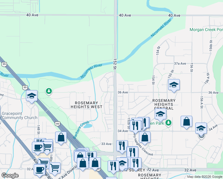 map of restaurants, bars, coffee shops, grocery stores, and more near 15185 36 Avenue in Surrey