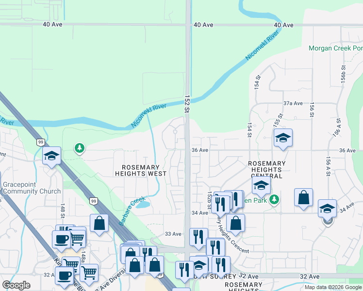 map of restaurants, bars, coffee shops, grocery stores, and more near 15195 36 Avenue in Surrey