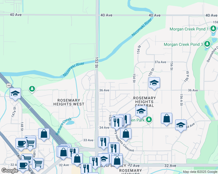 map of restaurants, bars, coffee shops, grocery stores, and more near 15255 36 Avenue in Surrey