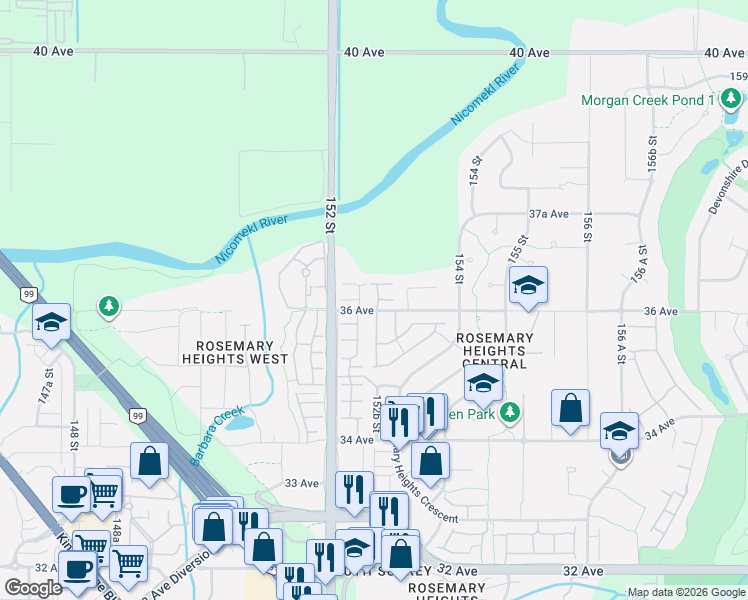 map of restaurants, bars, coffee shops, grocery stores, and more near 15255 36 Avenue in Surrey