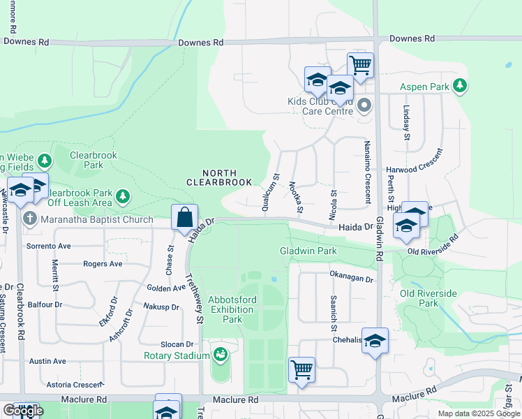 map of restaurants, bars, coffee shops, grocery stores, and more near 3625 Qualicum Street in Abbotsford