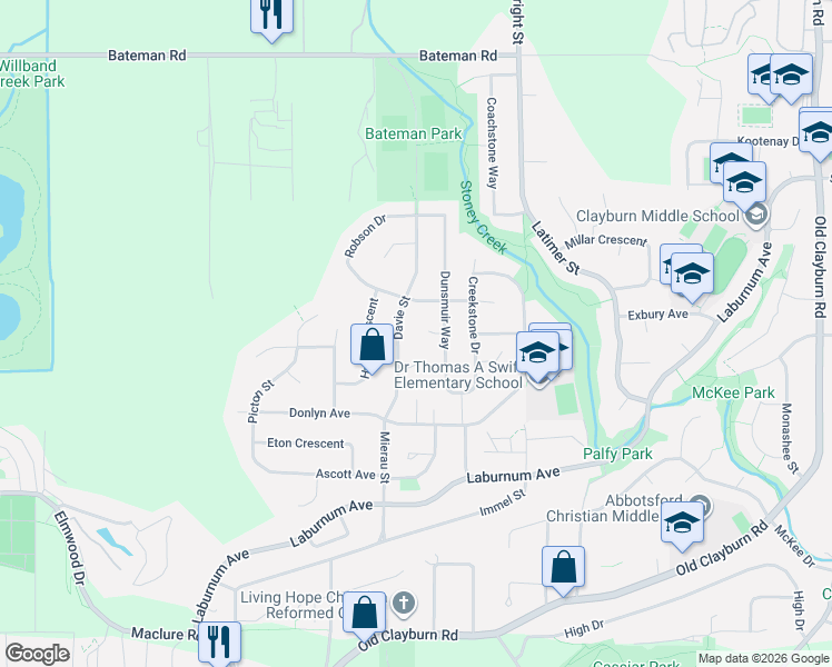 map of restaurants, bars, coffee shops, grocery stores, and more near 34654 Dunsmuir Court in Abbotsford
