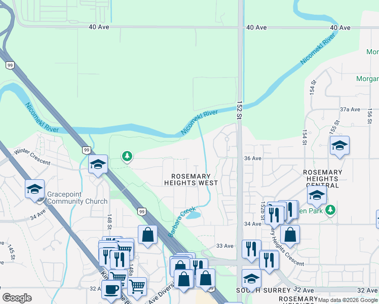 map of restaurants, bars, coffee shops, grocery stores, and more near 3618 150 Street in Surrey