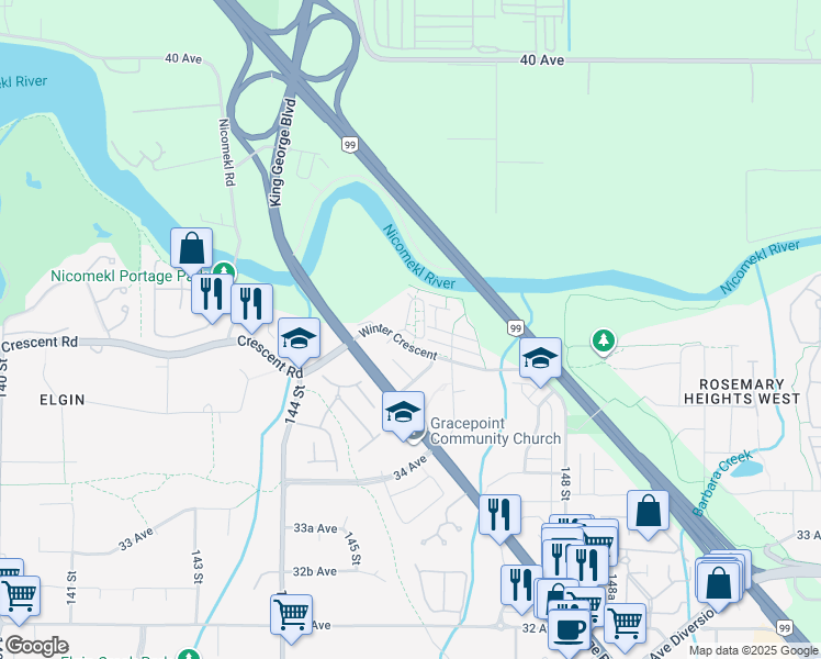 map of restaurants, bars, coffee shops, grocery stores, and more near 14541 Winter Crescent in Surrey