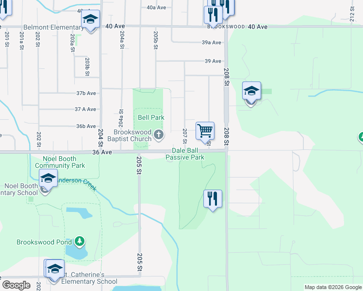 map of restaurants, bars, coffee shops, grocery stores, and more near 3415 207 Street in Langley