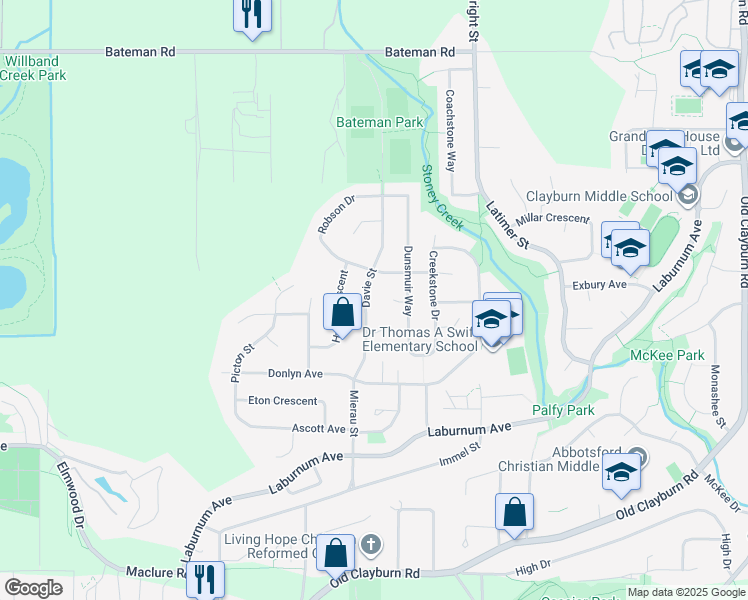 map of restaurants, bars, coffee shops, grocery stores, and more near in Abbotsford