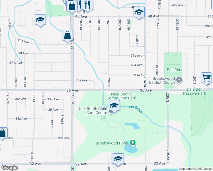 map of restaurants, bars, coffee shops, grocery stores, and more near 3625 202 Street in Langley