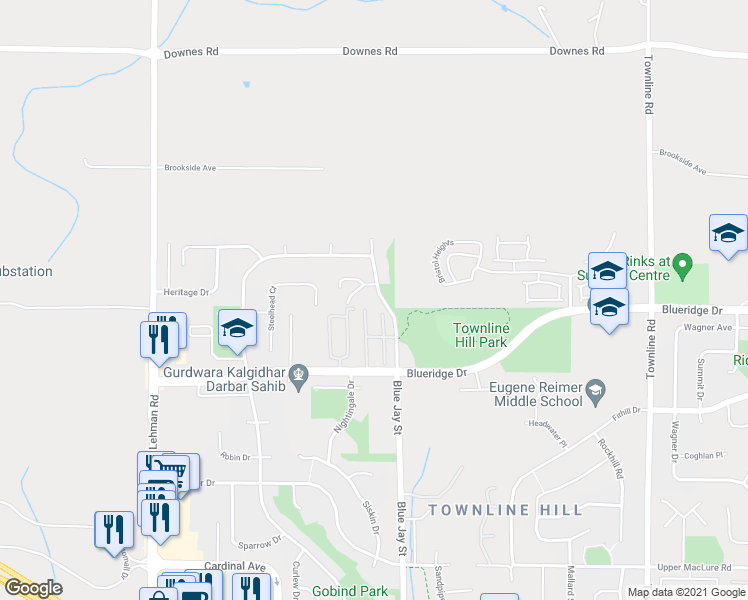 map of restaurants, bars, coffee shops, grocery stores, and more near 3615 Blue Jay Street in Abbotsford