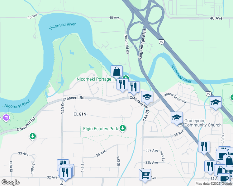 map of restaurants, bars, coffee shops, grocery stores, and more near 14265 36A Avenue in Surrey