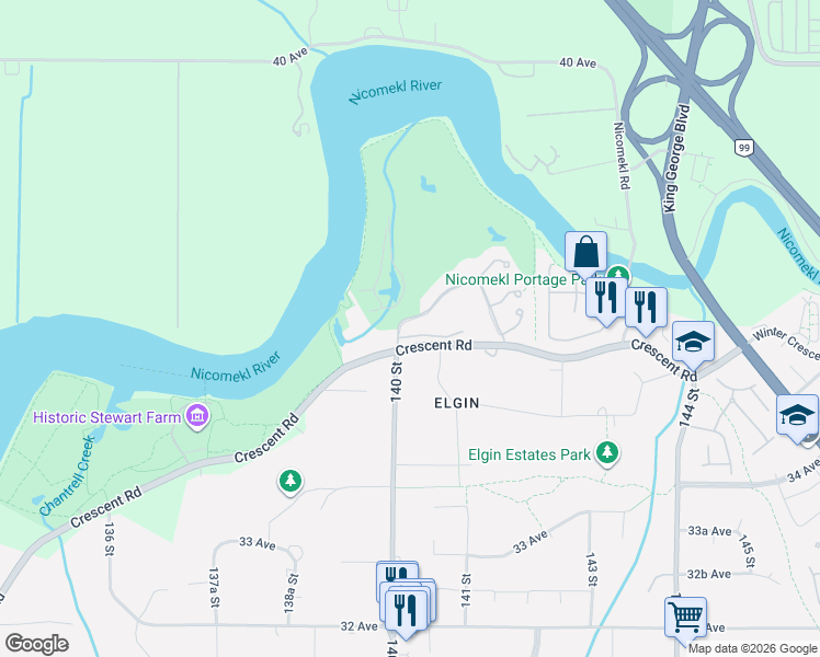 map of restaurants, bars, coffee shops, grocery stores, and more near 14025 Nico Wynd Place in Surrey