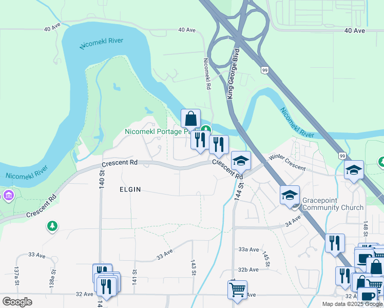 map of restaurants, bars, coffee shops, grocery stores, and more near 14265 36A Avenue in Surrey