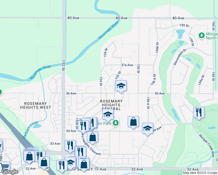 map of restaurants, bars, coffee shops, grocery stores, and more near 15460 36A Avenue in Surrey