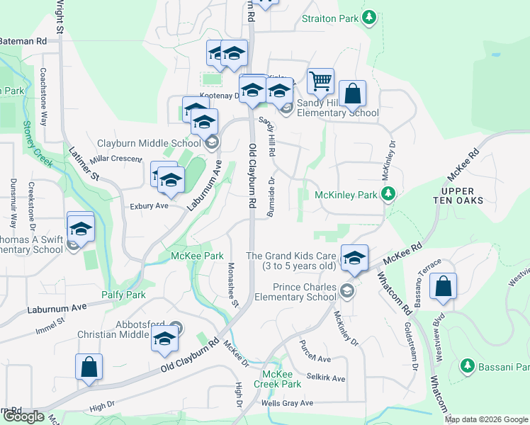 map of restaurants, bars, coffee shops, grocery stores, and more near 3623 Burnside Drive in Abbotsford