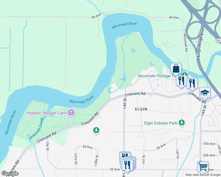 map of restaurants, bars, coffee shops, grocery stores, and more near 13941 Crescent Road in Surrey