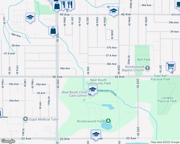 map of restaurants, bars, coffee shops, grocery stores, and more near 3632 202 Street in Langley