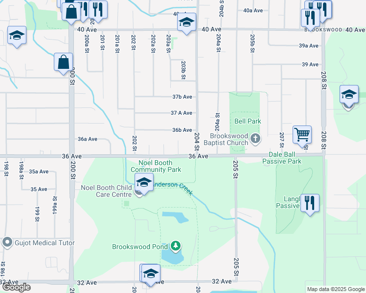 map of restaurants, bars, coffee shops, grocery stores, and more near 3628 203A Street in Langley
