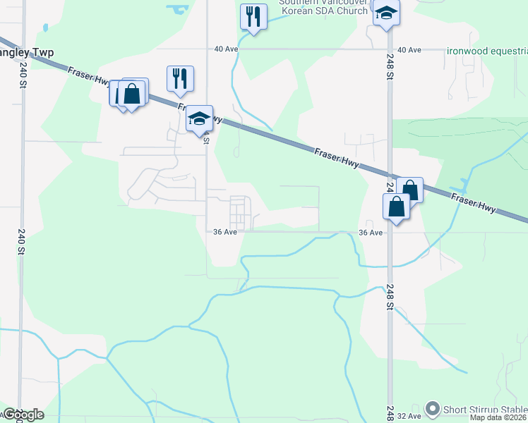 map of restaurants, bars, coffee shops, grocery stores, and more near 24509 36 Avenue in Langley Township
