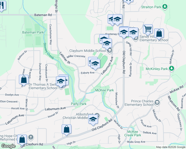 map of restaurants, bars, coffee shops, grocery stores, and more near 35026 Exbury Avenue in Abbotsford