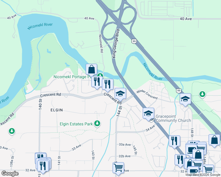 map of restaurants, bars, coffee shops, grocery stores, and more near 143 36A Avenue in Surrey