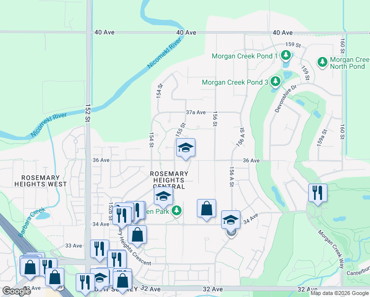 map of restaurants, bars, coffee shops, grocery stores, and more near 15560 36B Avenue in Surrey