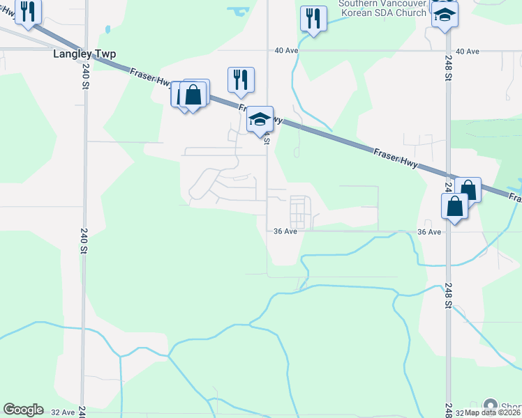 map of restaurants, bars, coffee shops, grocery stores, and more near 3665 244 Street in Langley Township