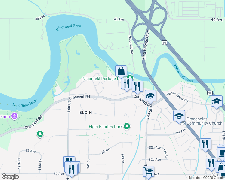 map of restaurants, bars, coffee shops, grocery stores, and more near 3670 142 Street in Surrey