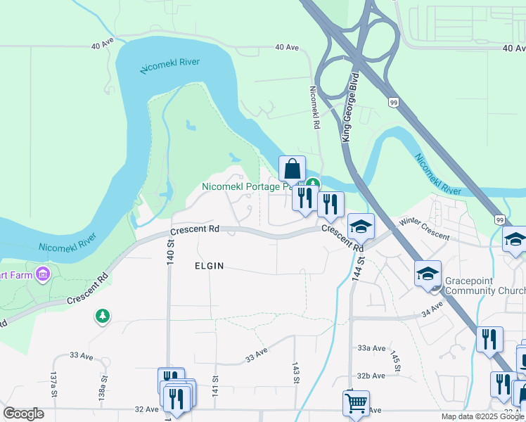 map of restaurants, bars, coffee shops, grocery stores, and more near 3673 142 Street in Surrey