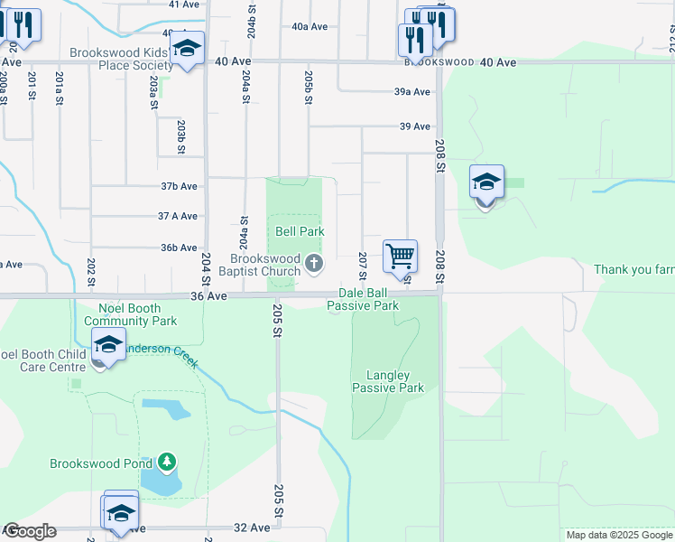 map of restaurants, bars, coffee shops, grocery stores, and more near 3649 206A Street in Langley